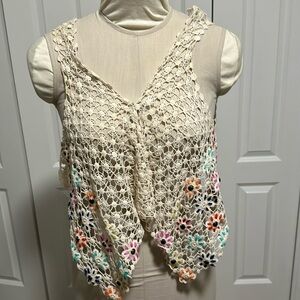 Crochet Floral Sleeveless Top - Cream Multicolor